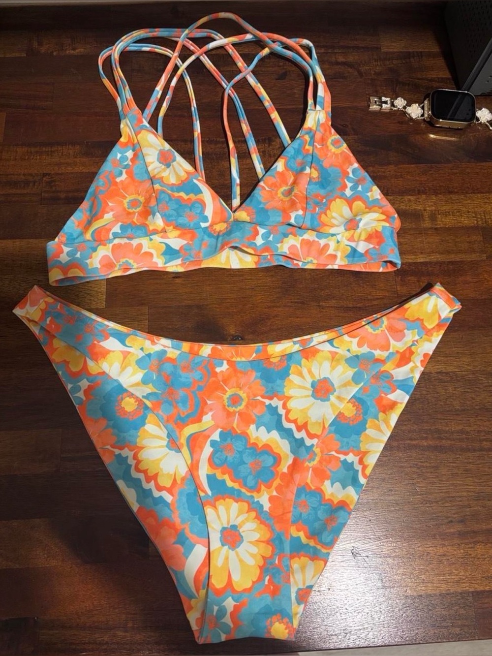 Kulani Kinis Floral Strappy Bikini - Orange, Blue & Yellow